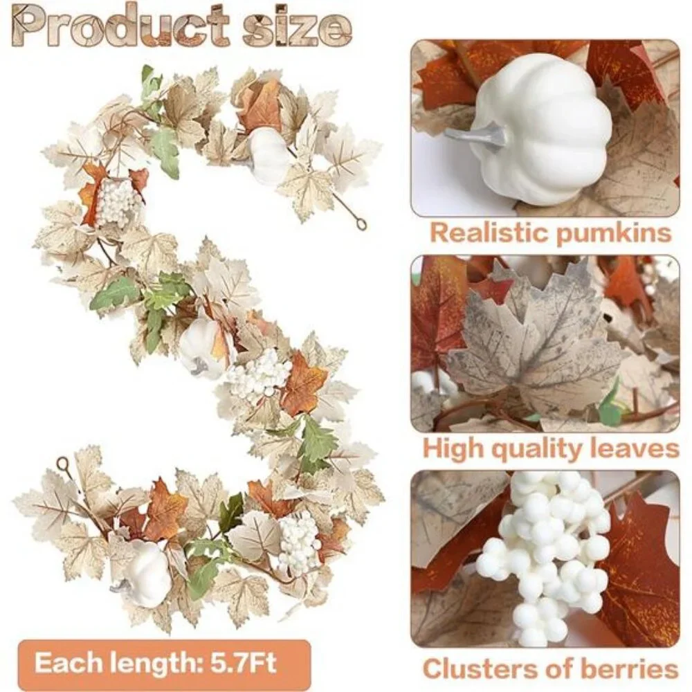 Fall Maple Leaf Garland with White Pumpkins Clusters of Berries